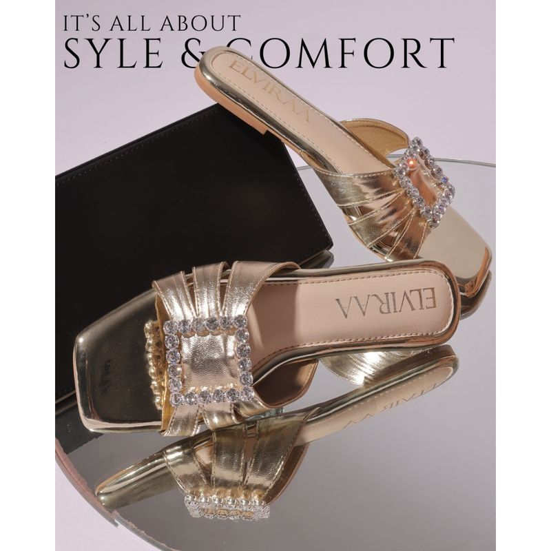 ELVIRAA Gold Square Stone Buckle Flats (EURO 35)