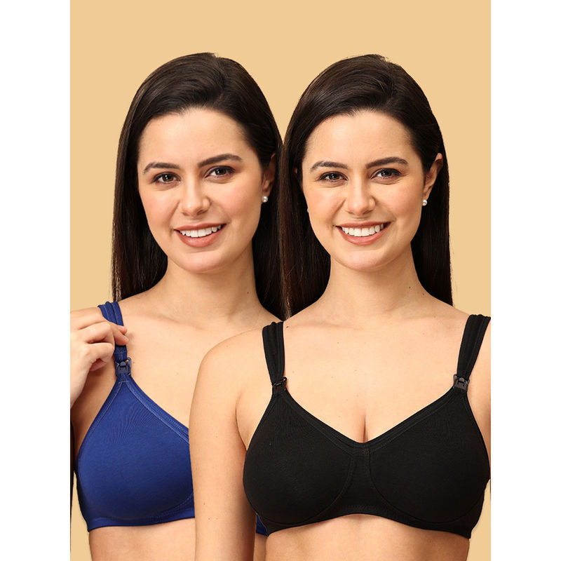 The Mom Store Cotton ElastaneMaternity Bra Black And Blue (Pack of 2) (34B)