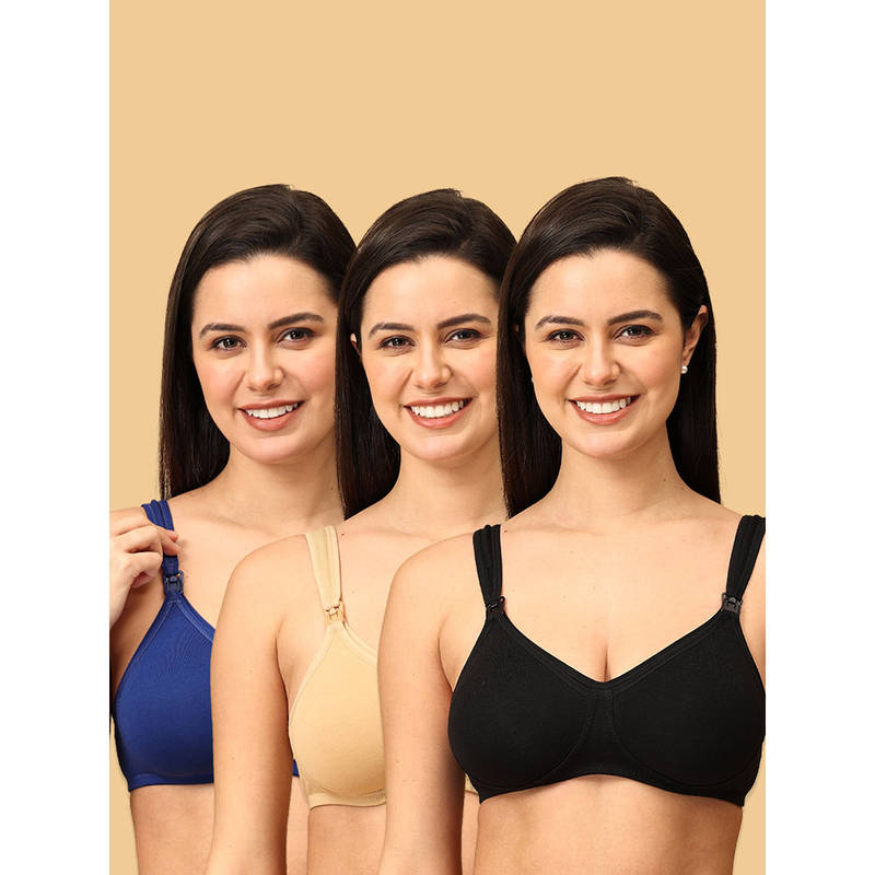 The Mom Store Cotton ElastaneMaternity Bra Black, Beige, Blue (Pack of 3) (32B)