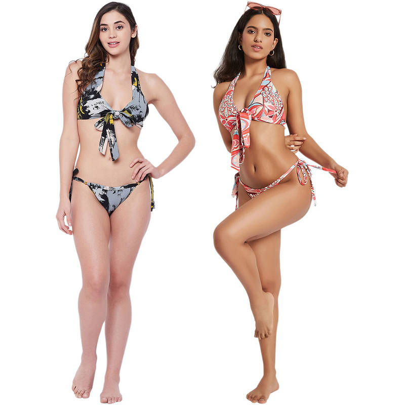 Secrets By ZeroKaata Halter Printed Beach Wear Bikini Bra and Panty for Women (Pack of 2) (XS)