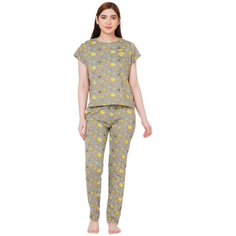 Sweet Dreams Women Printed Round Neck Short Sleeve Green Cotton Jersey Pyjama Set (3XL)