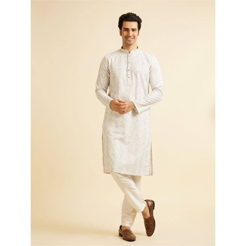 Manyavar Off White Cotton Embroidered Chikankari Kurta with Churidar (Set of 2) (L)