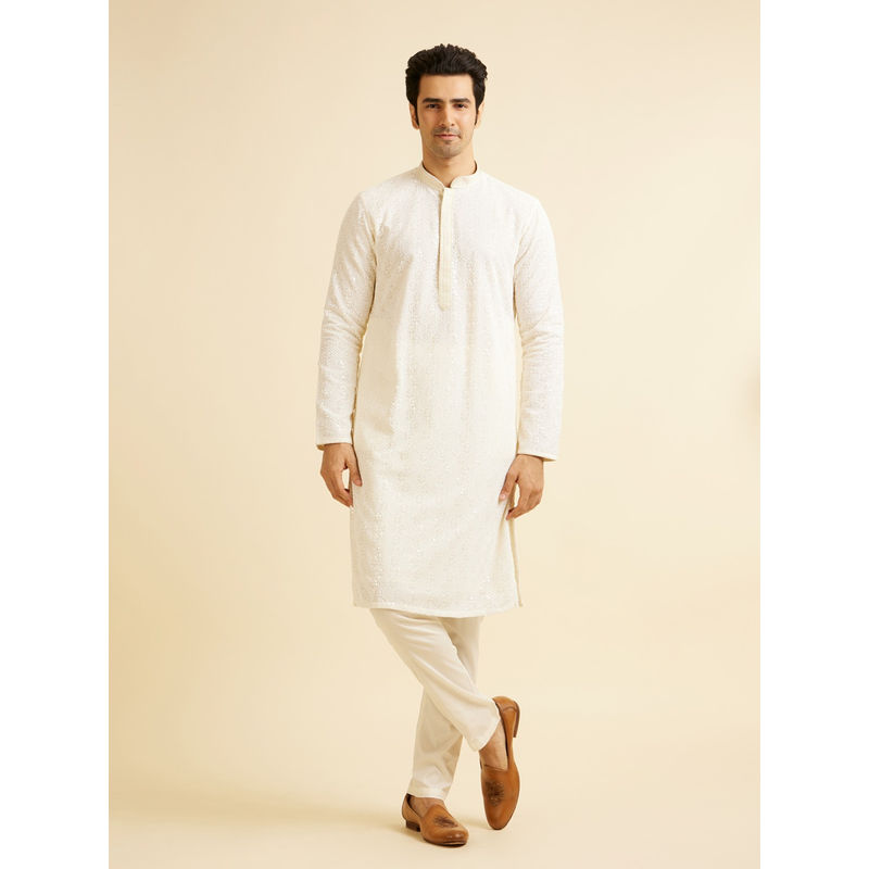 Manyavar Cream Chikankari Embroidered Kurta with Churidar (Set of 2) (S)