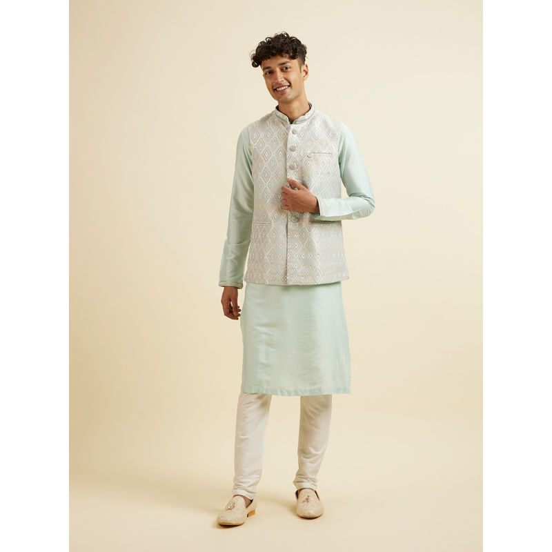 Manyavar Aqua Green Embroidered Sequins Kurta with Churidar & Jacket (Set of 3) (S)