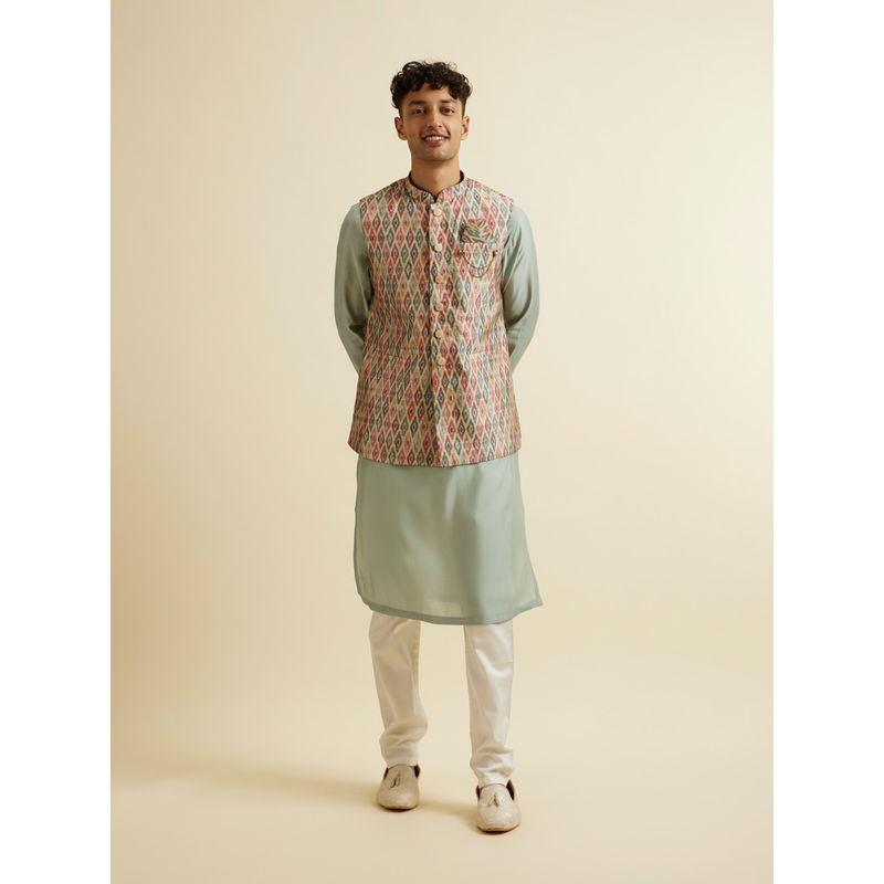 Manyavar Light Mid Green Harlequin Printed Kurta Jacket (Set of 5) (S)