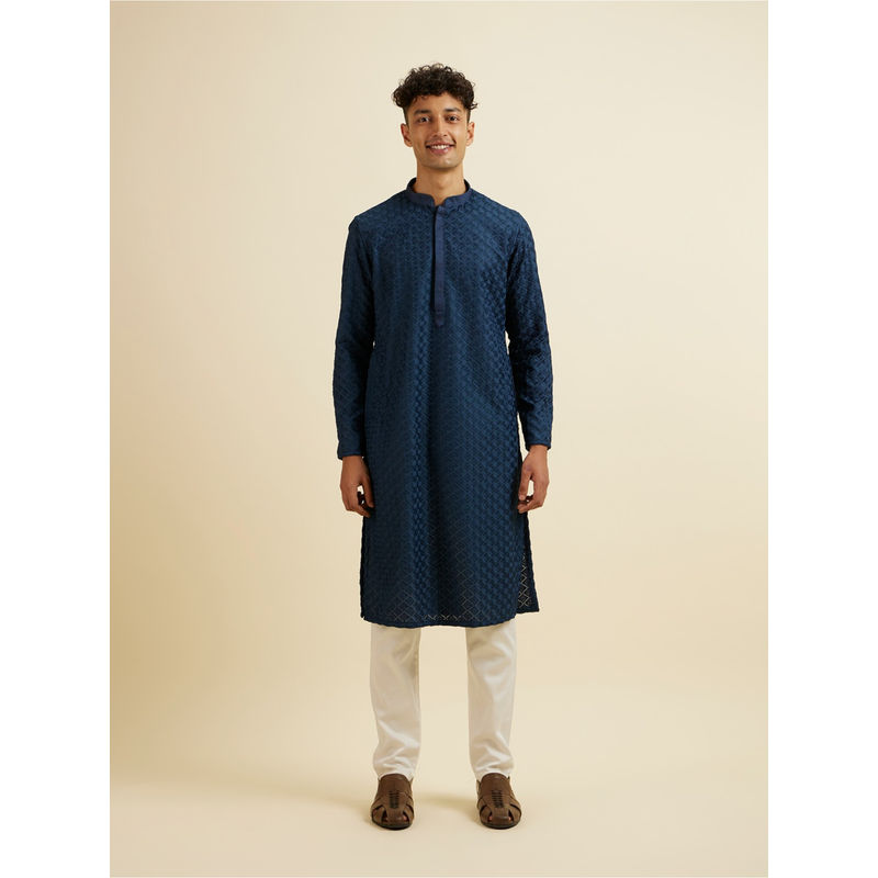 Manyavar Navy Blue Chikankari Embroidered Kurta with Churidar (Set of 2) (S)