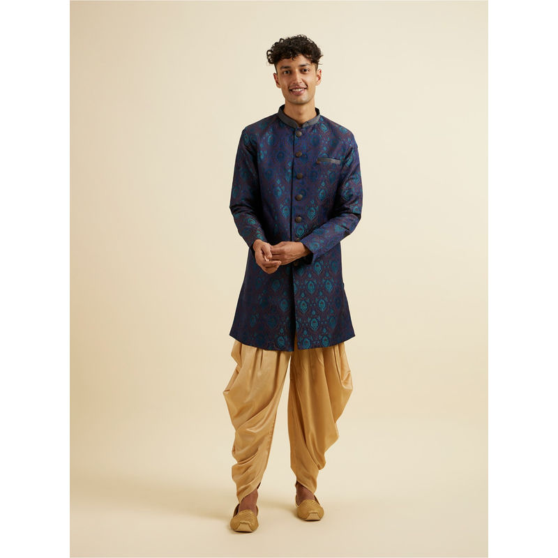 Manyavar Blue Woven Embroidered Kurta with Dhoti (Set of 2) (S)