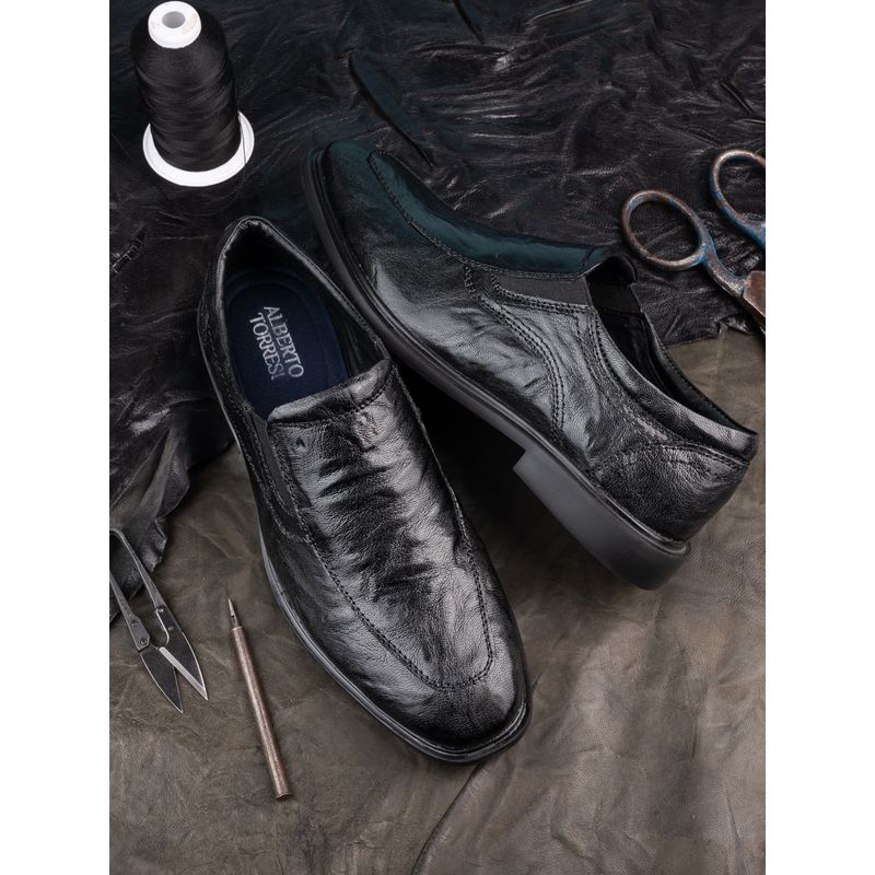 Alberto Torrisi Mens Shiny Crinkle Leather Slip In Loafers Eva Sole Formals - Black (UK 11)