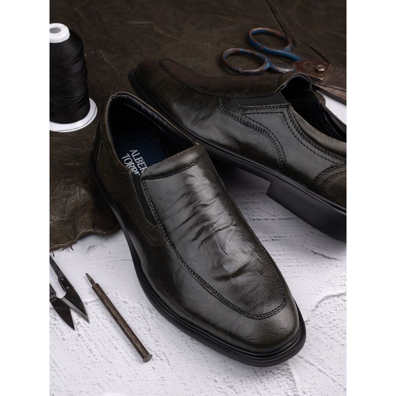 Alberto Torrisi Mens Shiny Crinkle Leather Slip on Loafers Eva Sole - Olive (UK 6)