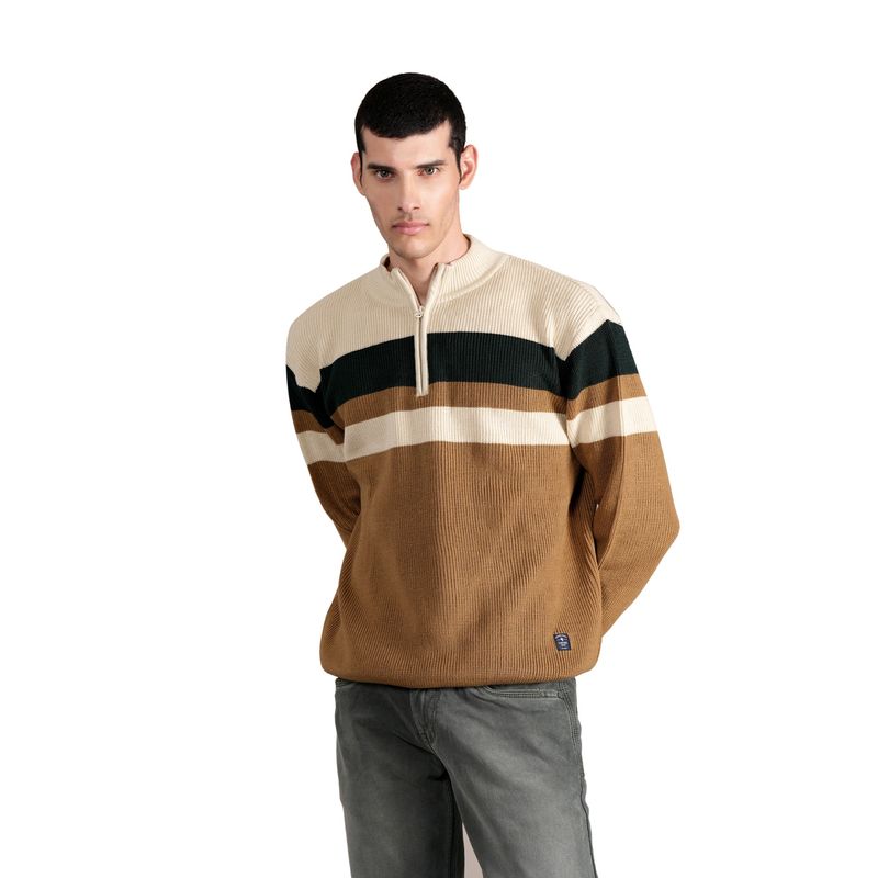 Cantabil Men Khaki Color Block Full Sleeves Casual Sweater (XL)