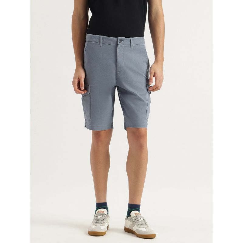 United Colors of Benetton Blue Solid Comfort Fit Cargo Twill Washed Shorts (42)