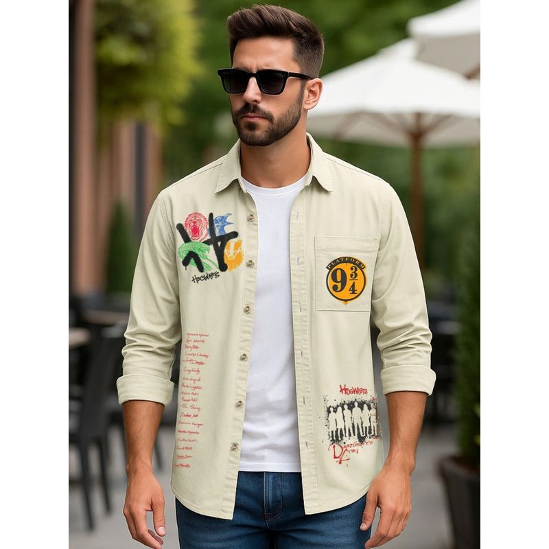 Bewakoof Official Harry Potter Men's Pale Beige Hogwarts Graphic Printed Shirt (M)