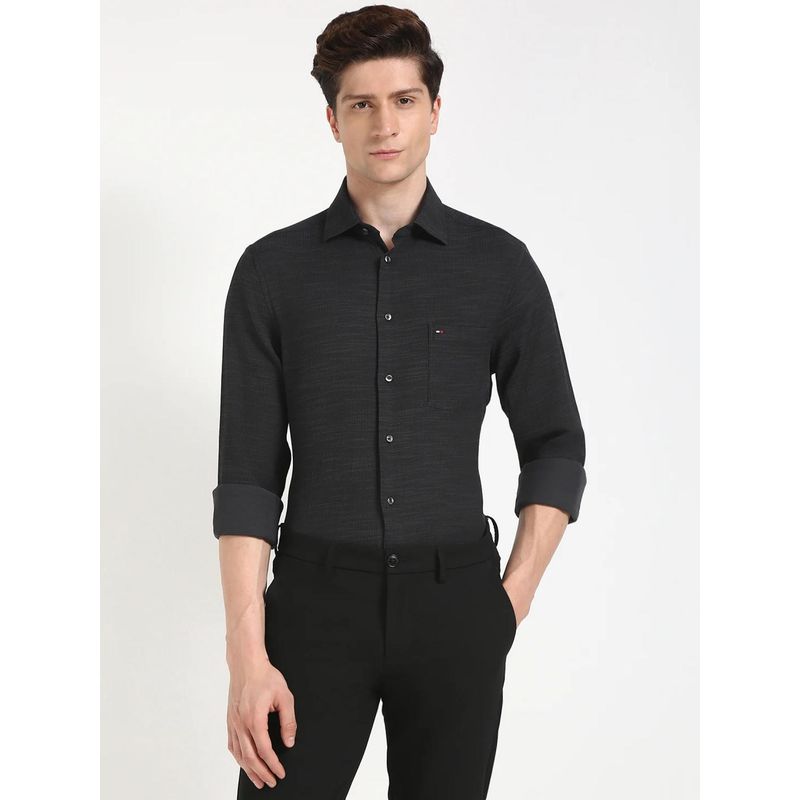 Tommy Hilfiger Printed Regular Fit Twill Black Formal Shirt (38)