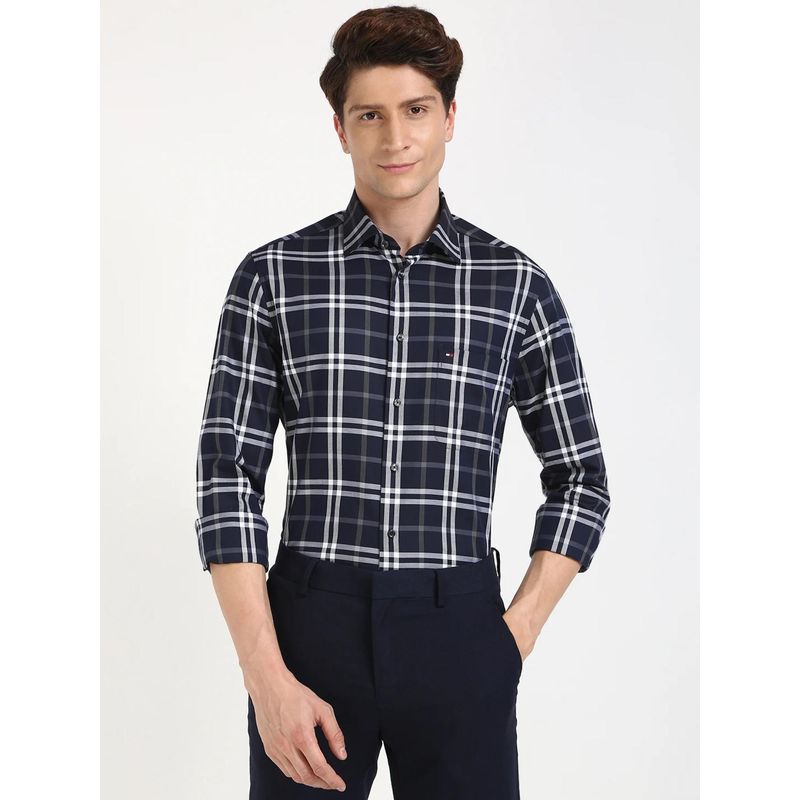 Tommy Hilfiger Checks Regular Fit Cotton Navy Blue Formal Shirt (38)