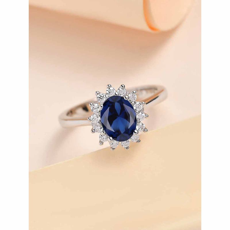 Ornate Jewels -925 Sterling Silver American Diamond Flower Created Sapphire Ring For Womens Size-11