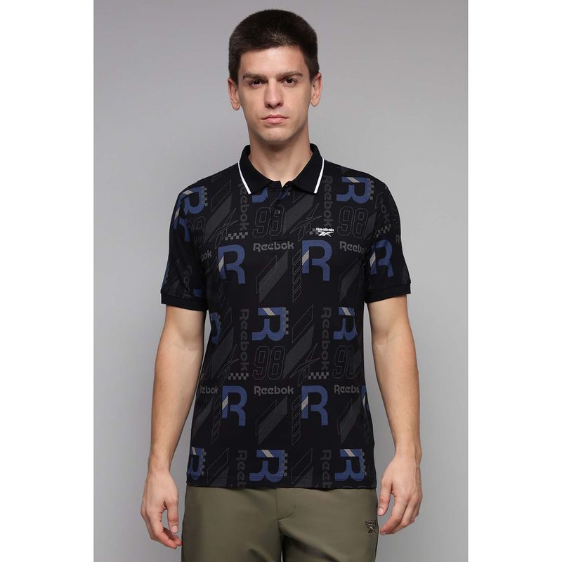 Reebok Men Black Printed Polo T-Shirt (XS)