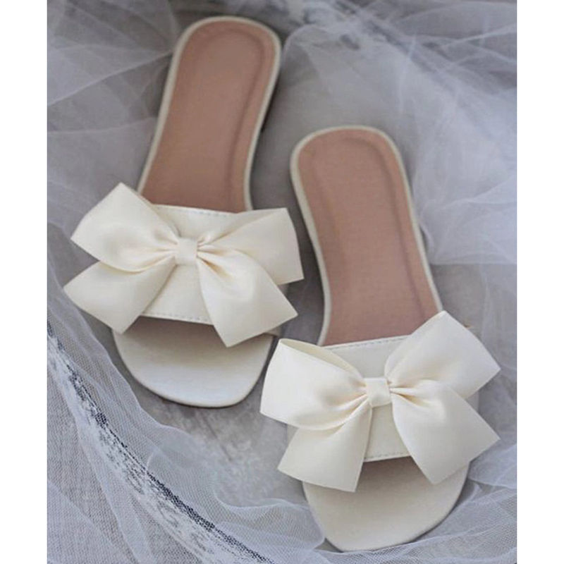 Shoetopia Women White Open Toe Flats With Bows (Euro 38)