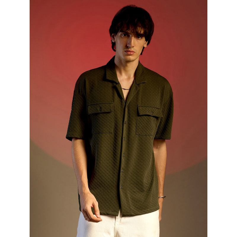 Campus Sutra Men Army Green Cubic Utility Oversized Shirt (S)