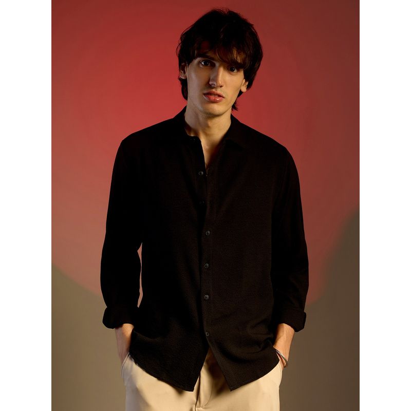 Campus Sutra Men Brown Midnight Black Embossed Micro Check Shirt (M)