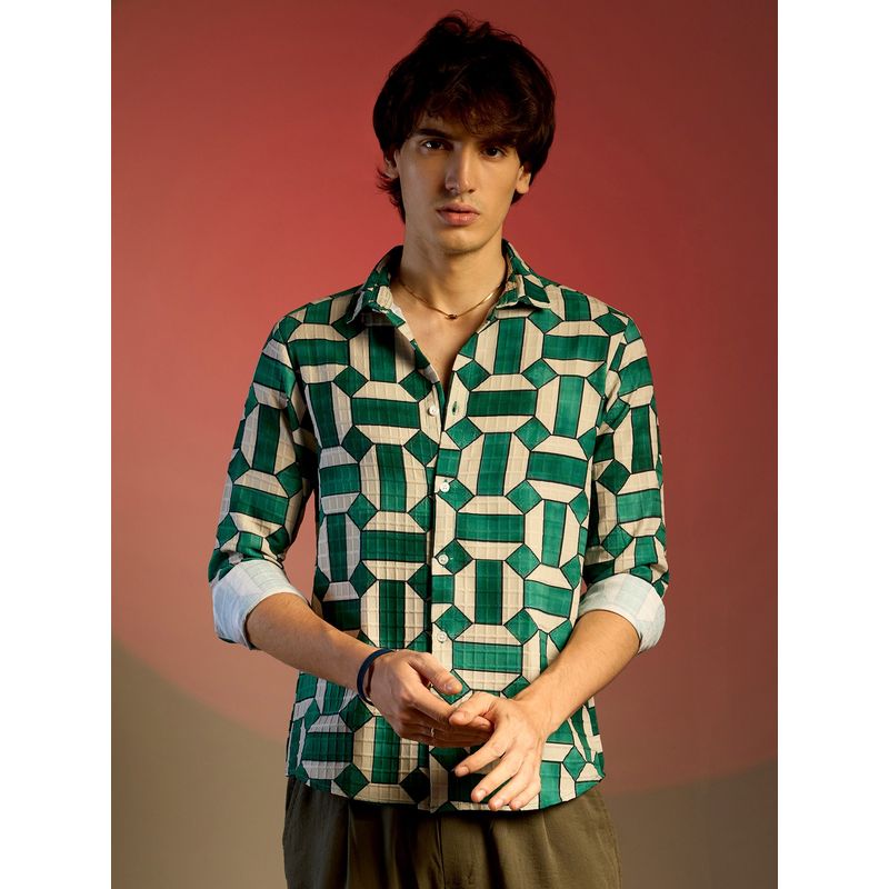 Campus Sutra Men Emerald Green & Ivory White Contrast Geometric Block Shirt (L)