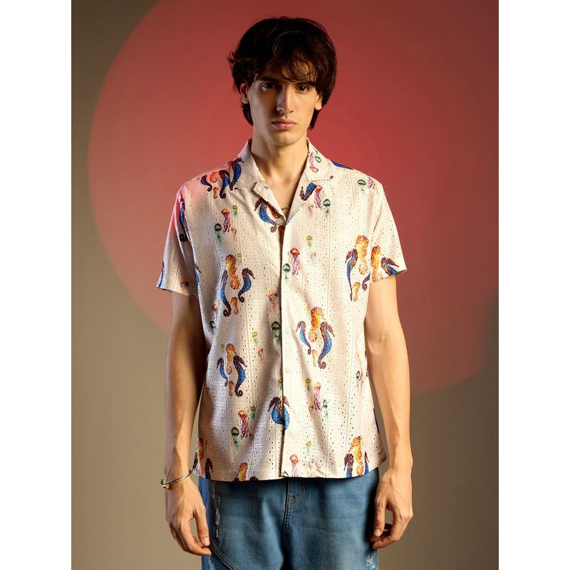 Campus Sutra Men Cream Mesh Seahorse Shirt (S)