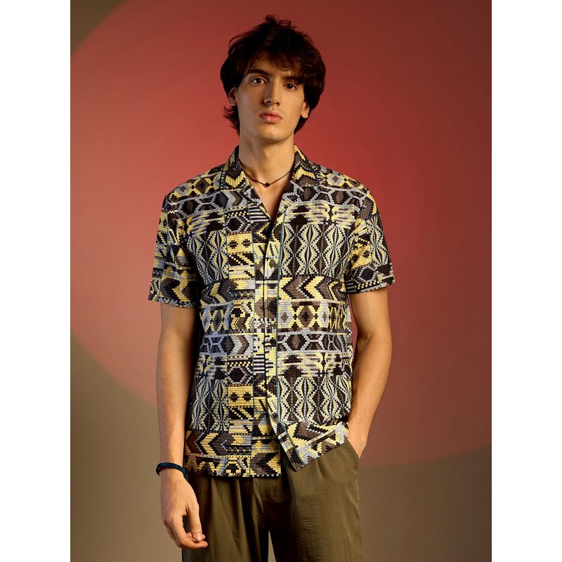 Campus Sutra Men Sky Blue & Lemon Yellow Bohemian Shirt (M)