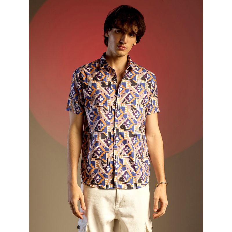 Campus Sutra Men Sienna Brown & Indigo Blue Bohemian Shirt (S)