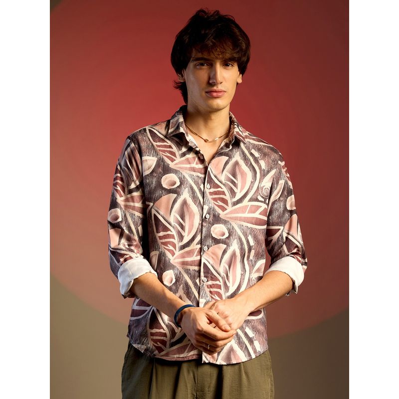 Campus Sutra Men Charcoal Grey & Mocha Brown Marble Foliage Shirt (S)