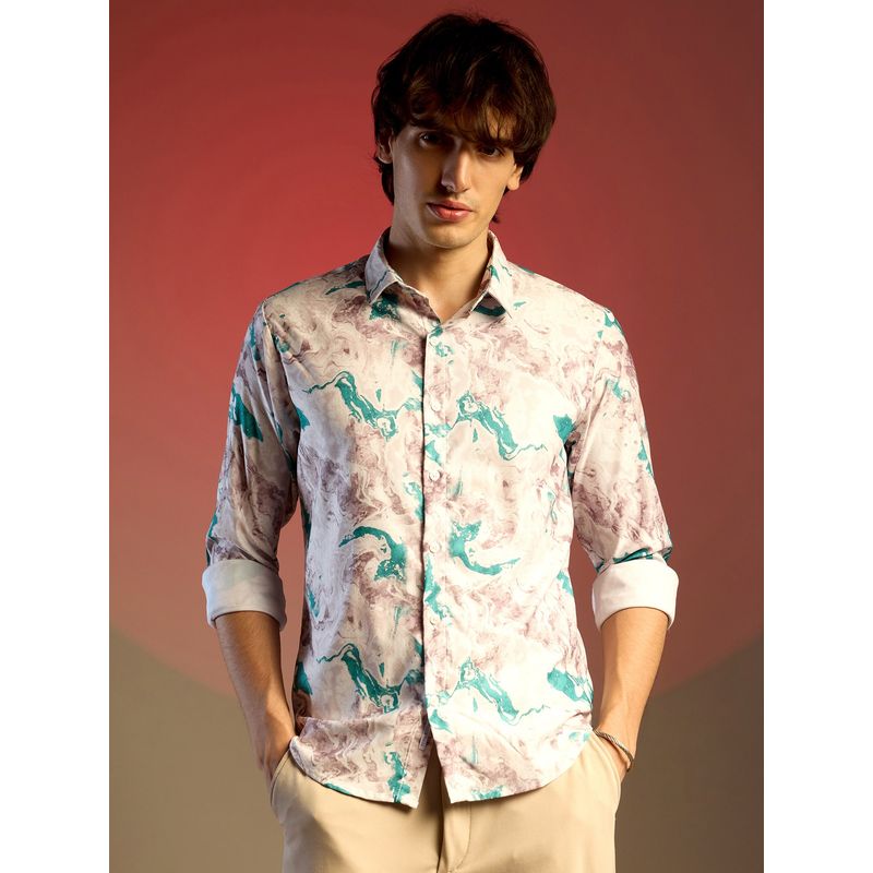 Campus Sutra Men Moon Grey & Sea Green Fluid Marble Shirt (XL)