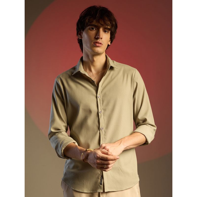 Campus Sutra Men Asparagus Green Textured Seersucker Shirt (L)