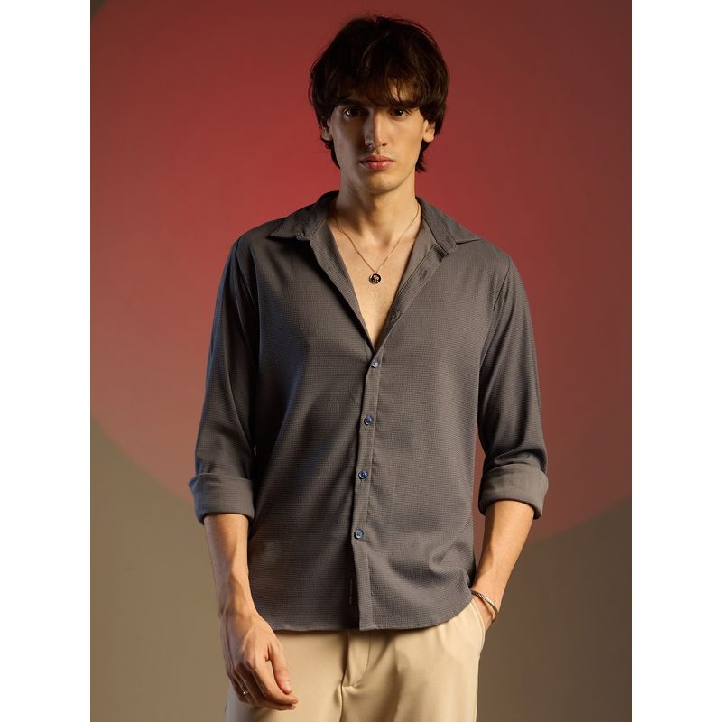 Campus Sutra Men Charcoal Grey Textured Seersucker Shirt (L)