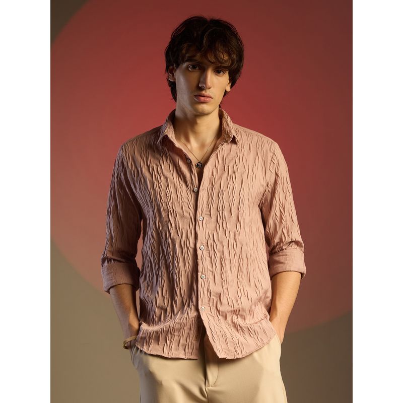 Campus Sutra Men Salmon Pink Grain-Textured Shirt (L)