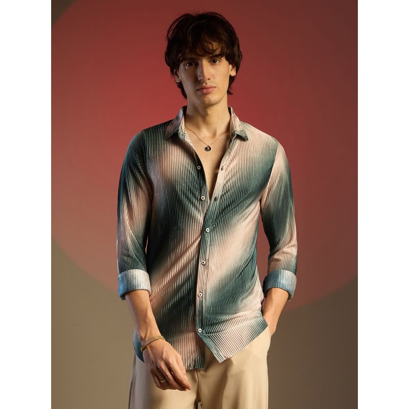 Campus Sutra Men Emerald Green & Ivory White Ombre Pleated Shirt (M)
