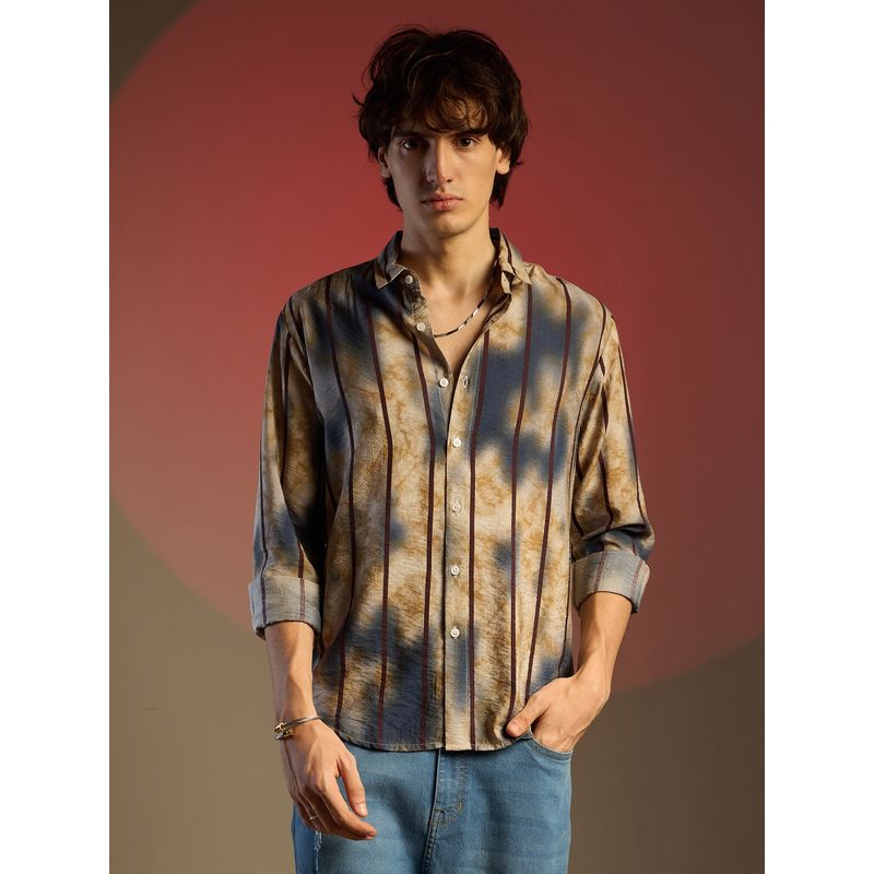 Campus Sutra Men Navy Blue & Yellow Ochre Tie & Dye Striped Shirt (XL)