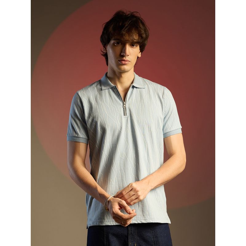 Campus Sutra Men Powder Blue Crevice Lined Polo T-Shirt (M)