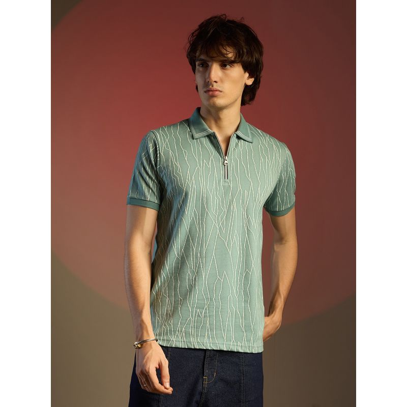 Campus Sutra Men Sea Green Crevice Lined Polo T-Shirt (S)