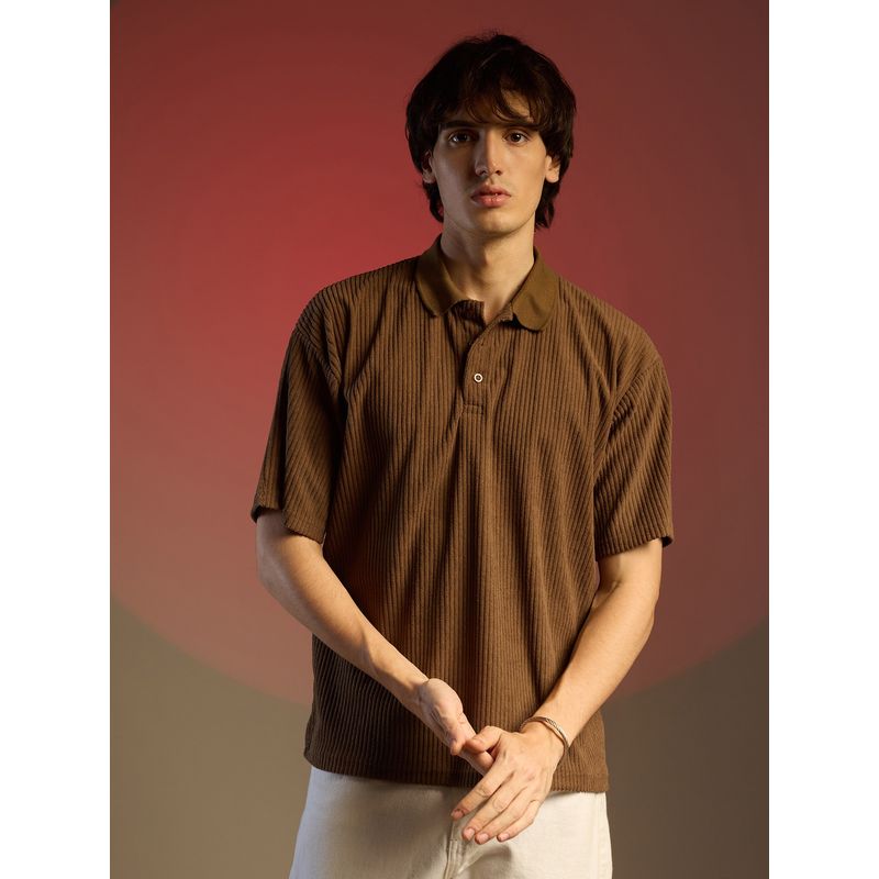 Campus Sutra Men Chocolate Brown Ribbed Oversized Polo T-Shirt (L)
