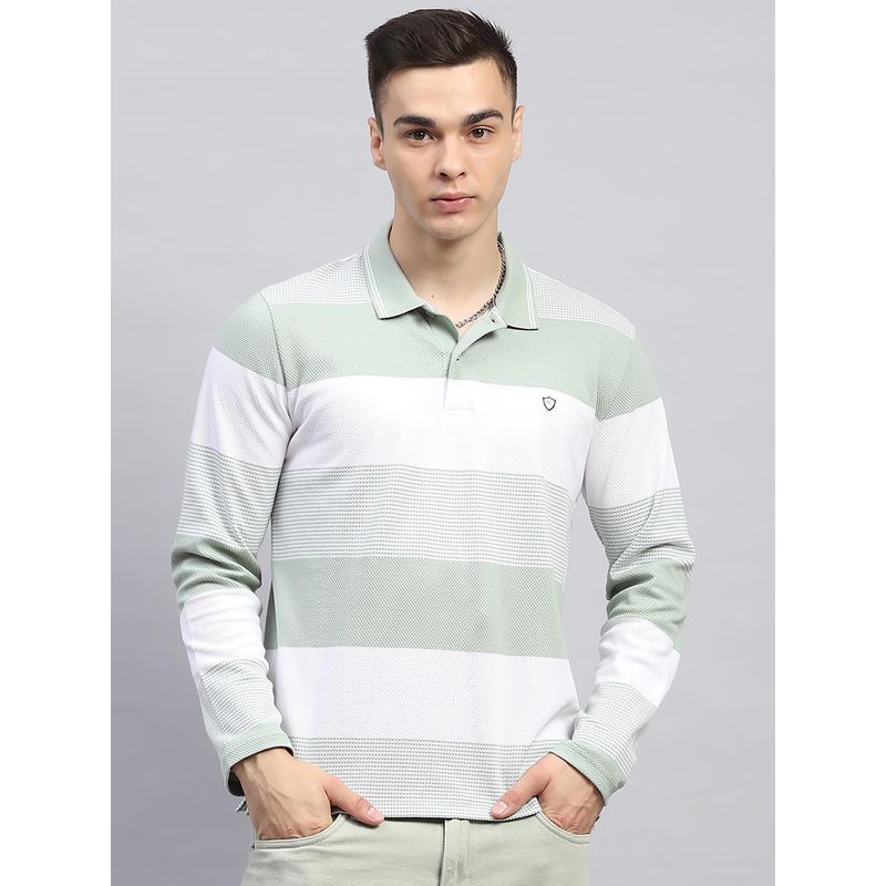 Monte Carlo Men Striped Green Collar Neck Full Sleeve Polo T-Shirt (3XL)