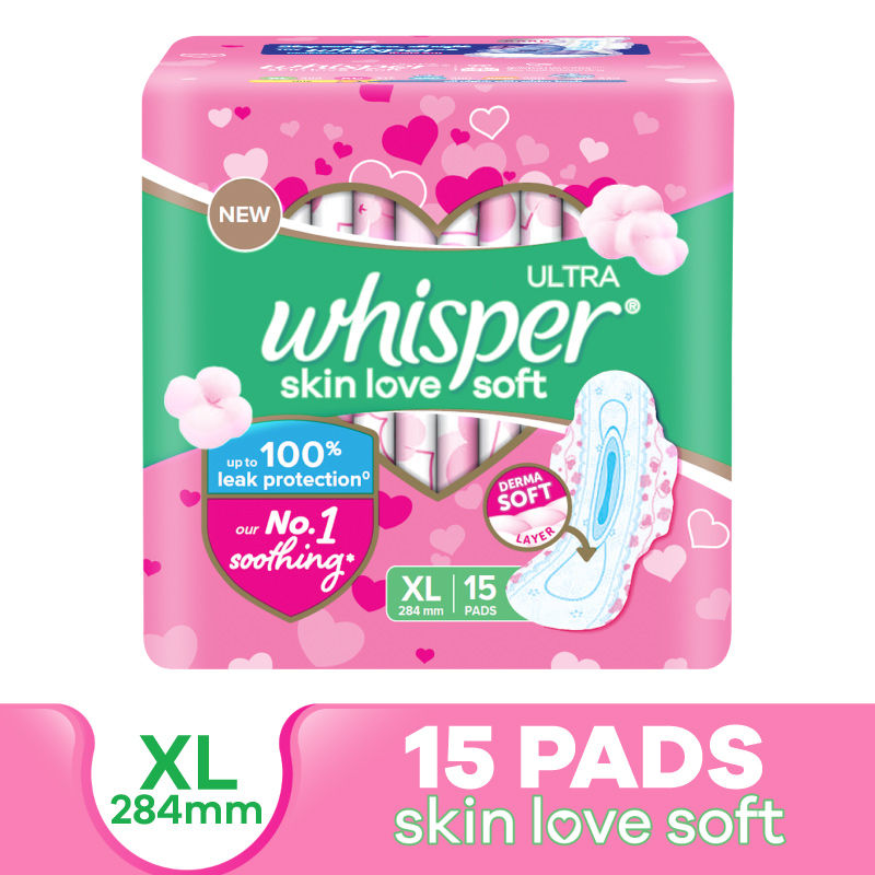 Whisper Ultra Skinlove Soft Sanitary Pads For Women,15 Thin Pads-Xl,Our #1 Softness,Irritation Free