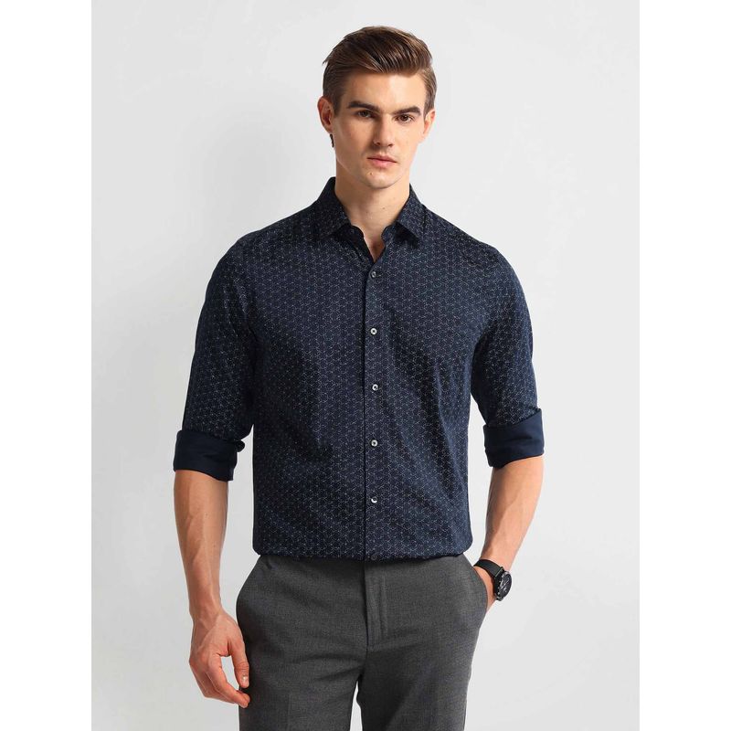 Arrow Navy Blue Geometric Print Satin Shirt (39)