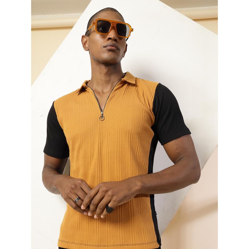 RIGO Men Light Brown Rib Polo T-Shirt (S)