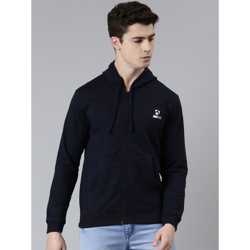 TOM BURG Men Navy Blue Solid Zipped Hoodie (S)