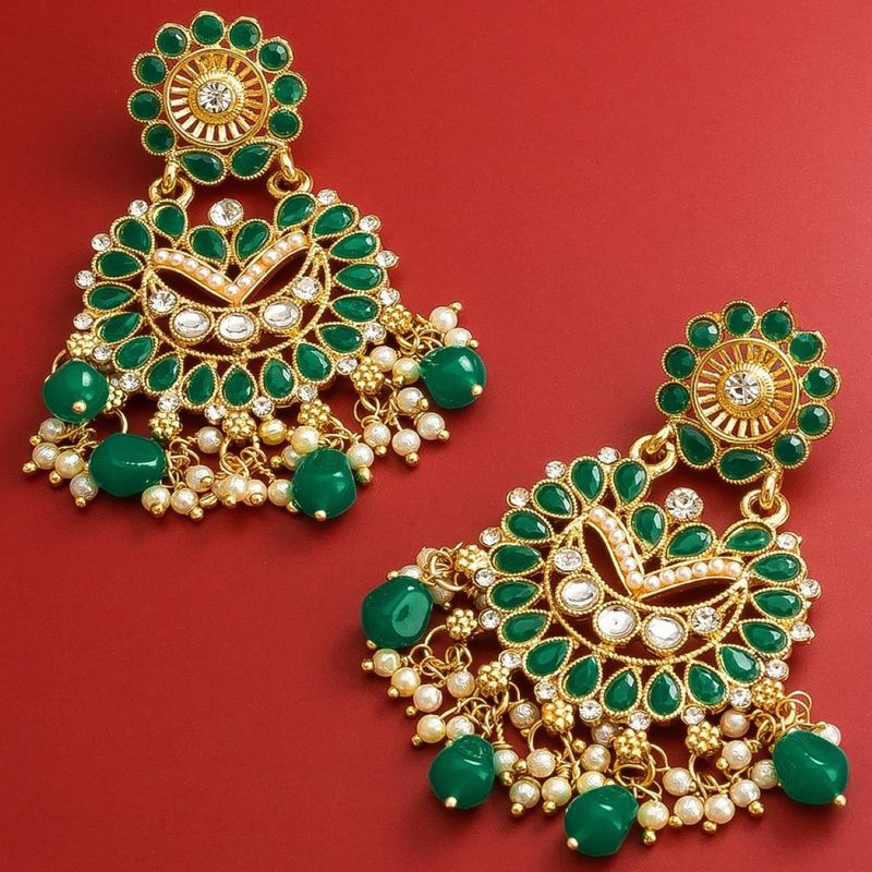 OOMPH Green Stones & Kundan Large Chandbali Earrings Buy OOMPH Green