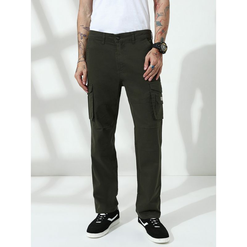 necked Men's Dark Olive Straight Fit Cargos (30)