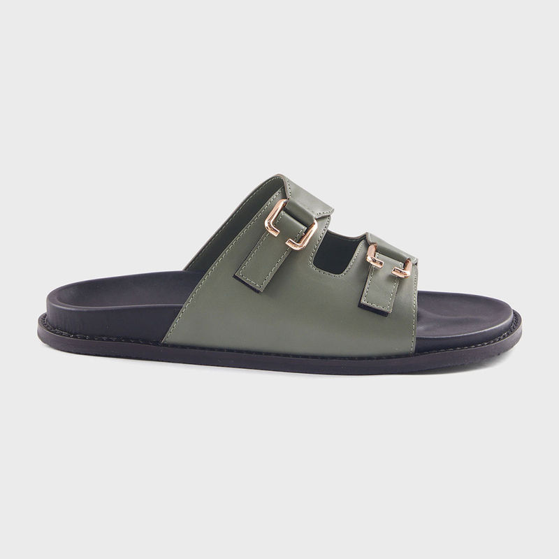 IYKYK by Nykaa Fashion Olive Green Solid Buckle Sliders (EURO 40)