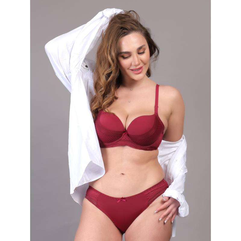 BRACHY Maroon Heavily Padded Underwired Lace Lingerie Bra and Panty Set (36B)