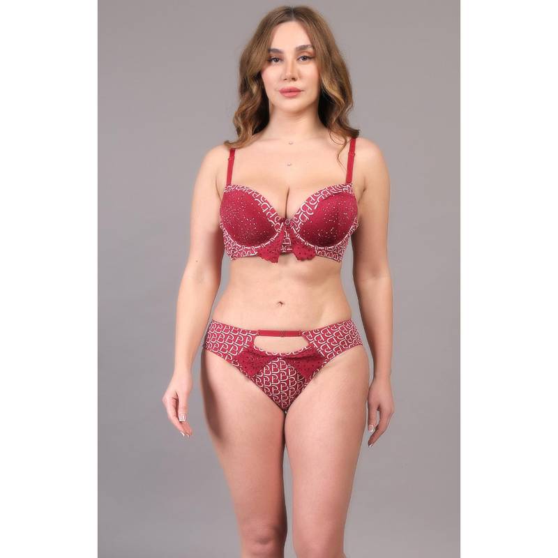 BRACHY Maroon Heavily Padded Pushup Wired Lace Lingerie Bra and Panty Set (40B)