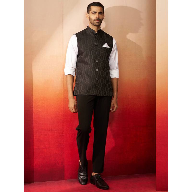 Vastramay Black Silk Nehru Jacket (M)