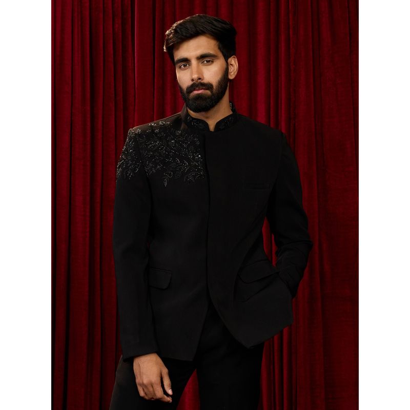 Vastramay Black Imported Suiting Floral Cut Dana Stone Work Jodhpuri Jacket (S)