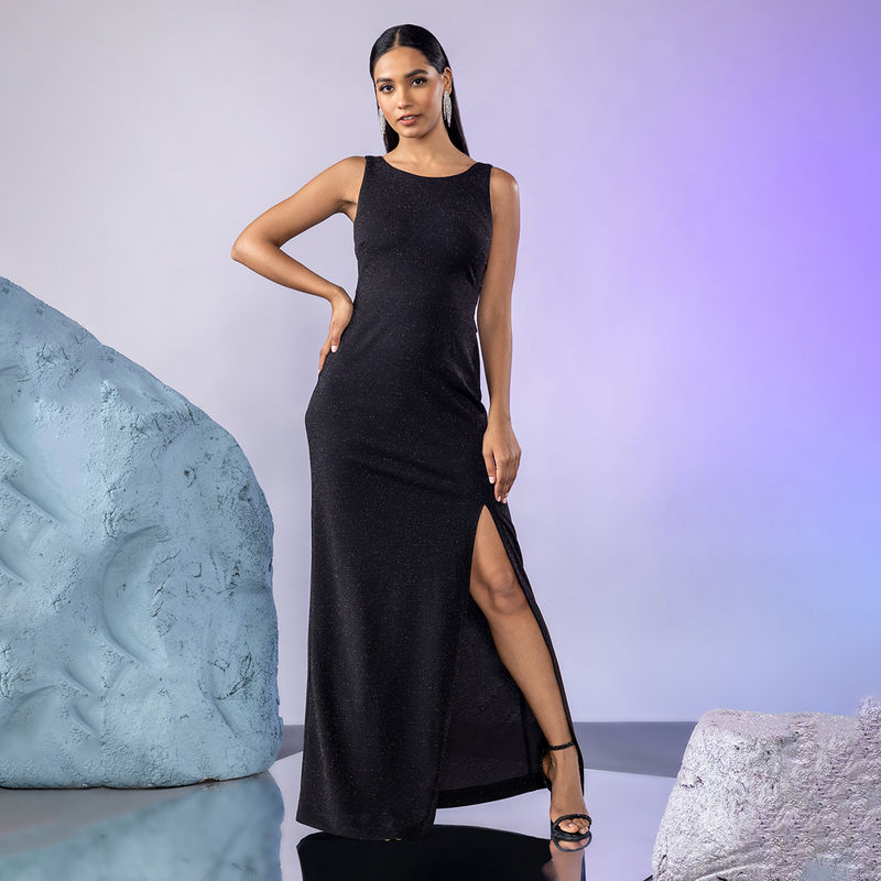 Twenty Dresses by Nykaa Fashion Black Shimmer Slit Gown (M)